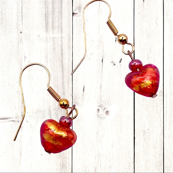 Hand Crafted Jewelry - Venetian glass heart drop earrings